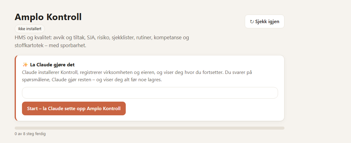 «La Claude gjøre det» i Amplo Hub, på siden for Amplo Kontroll