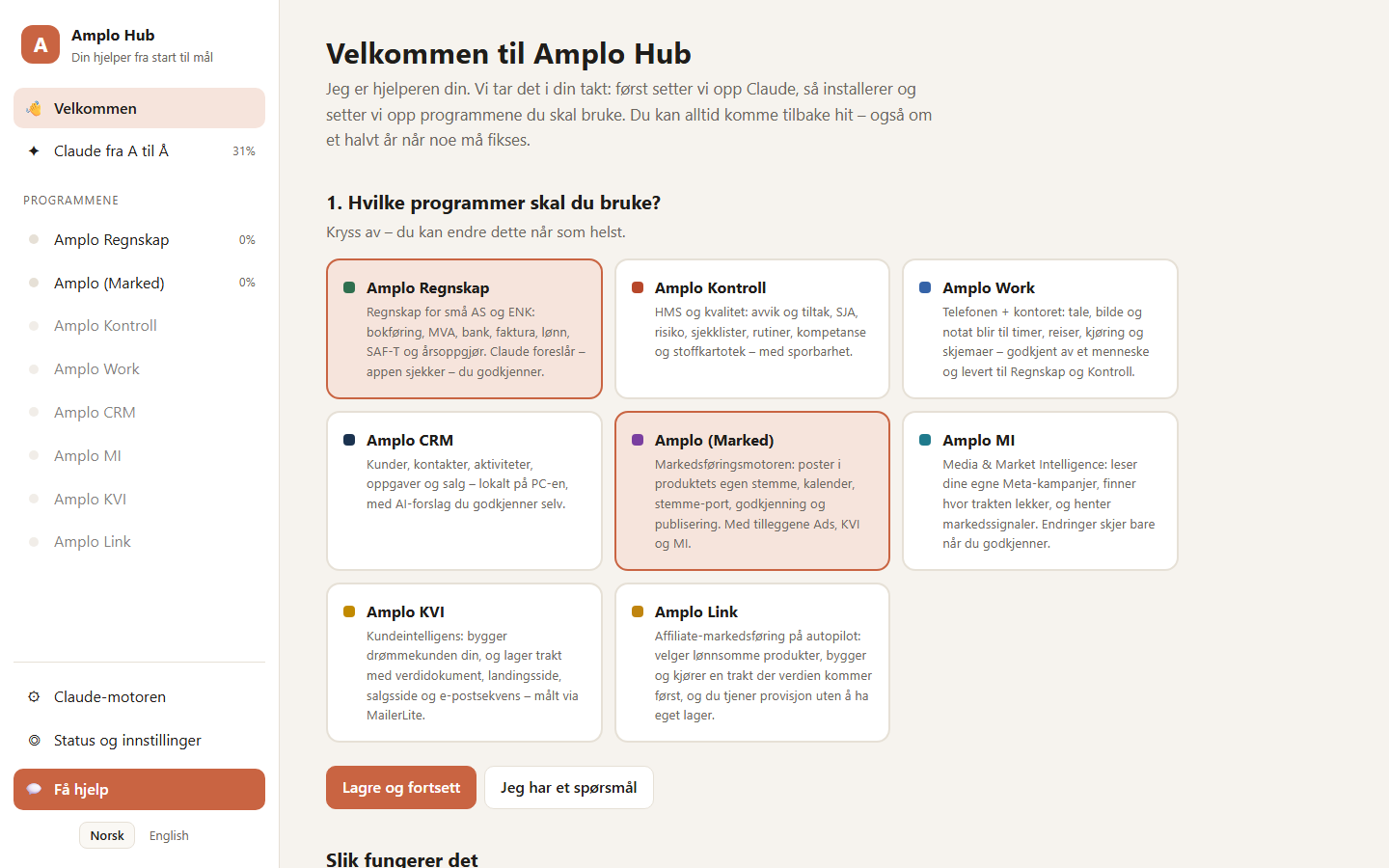 Velkomstsiden i Amplo Hub, der du velger hvilke Amplo-programmer du skal bruke